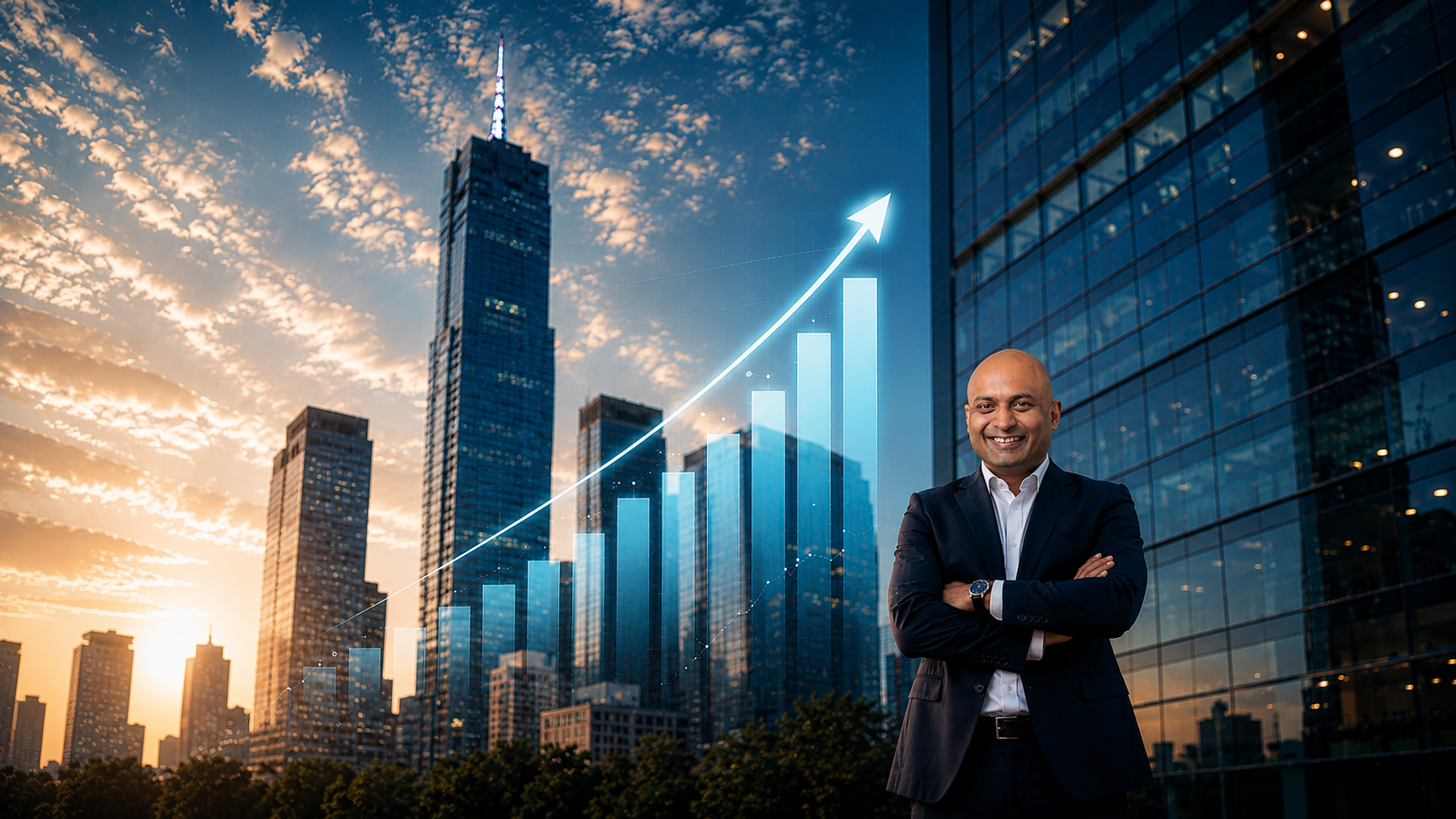 A confident leader standing in front of a rising skyline and growth chart