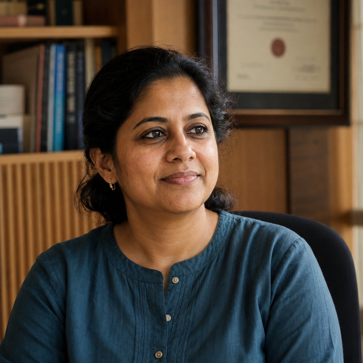 Editorial portrait of Indian female founder in her 40s, professional setting, natural light