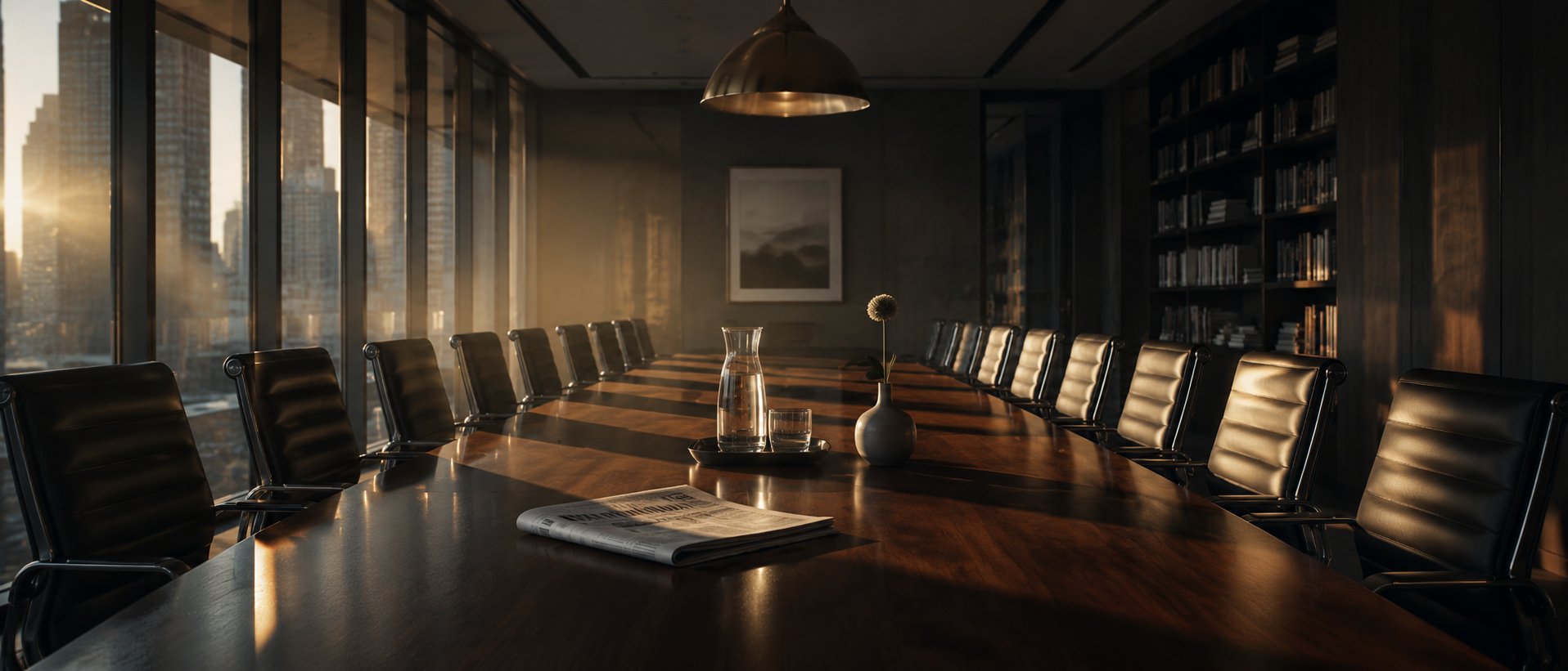Atmospheric empty boardroom with morning side-window light, wide cinematic shot, slight moody underexposure