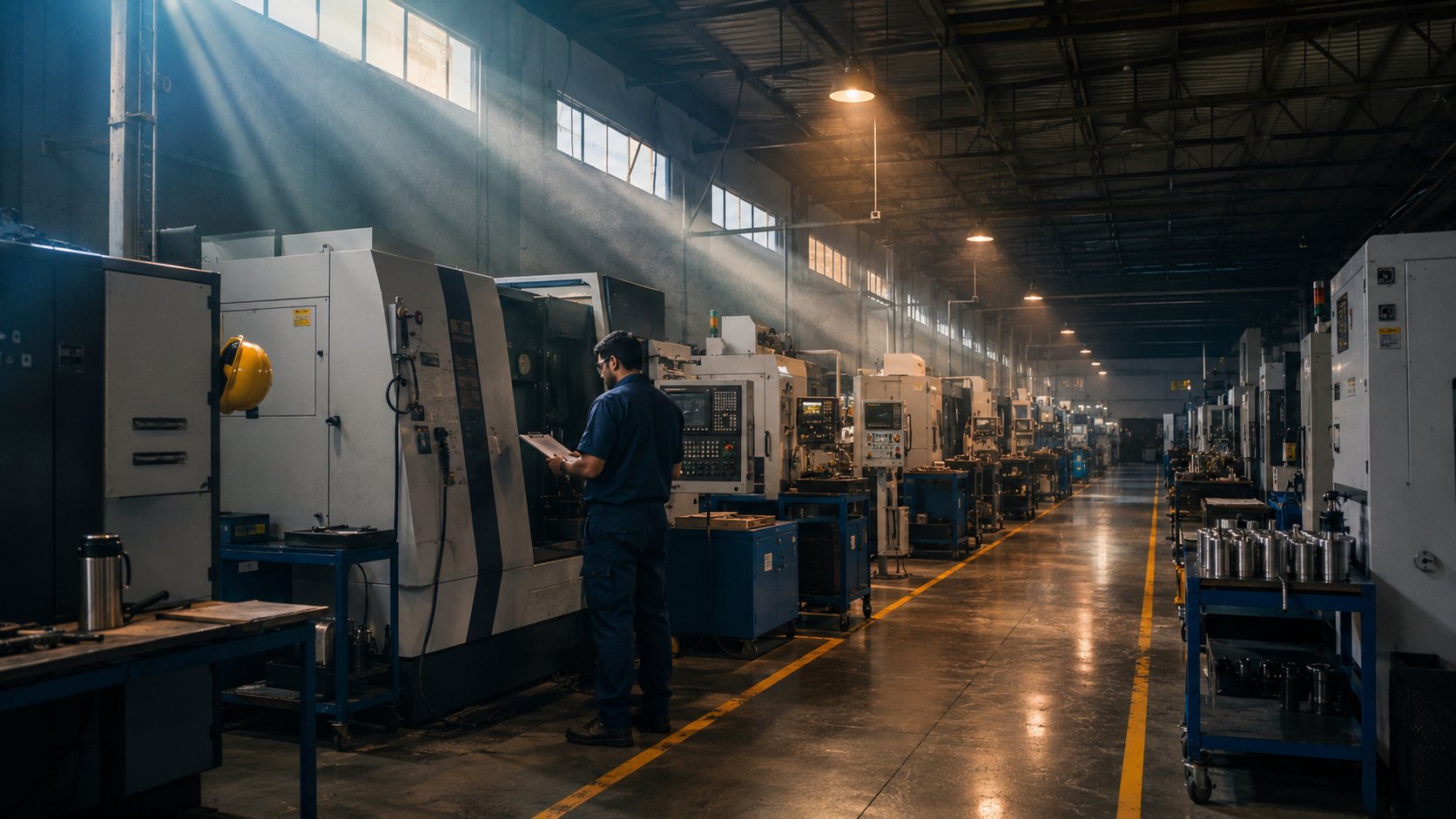 Clean modern Indian factory floor with industrial equipment and natural light, wide environmental shot