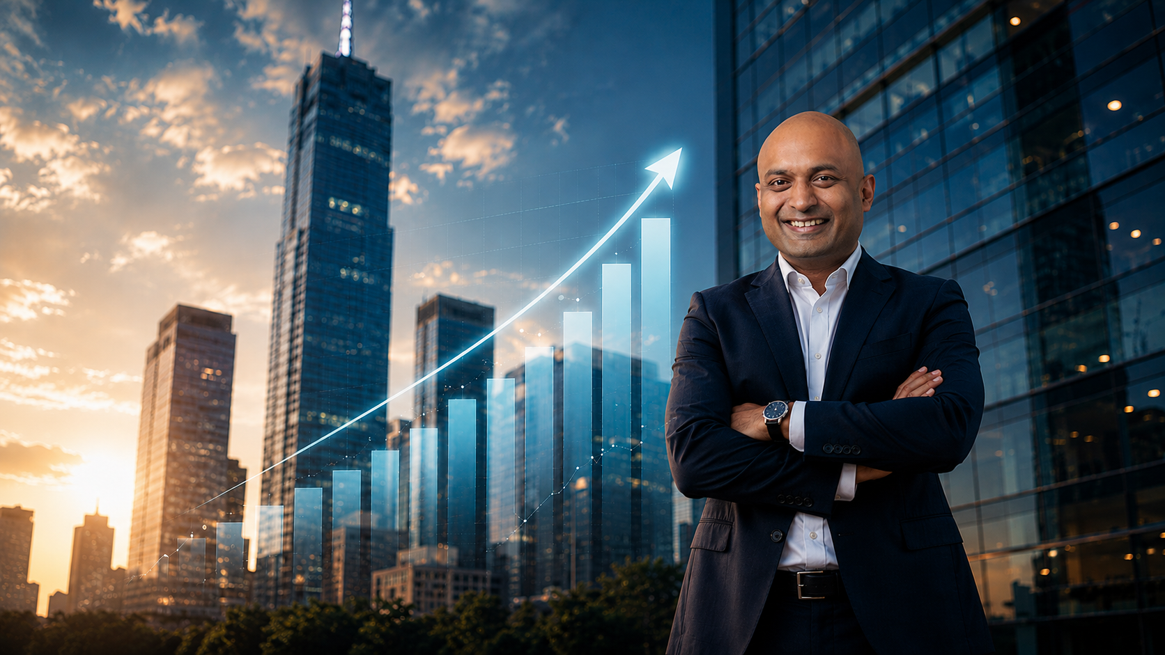 Confident growth leader against a rising skyline with an upward growth curve