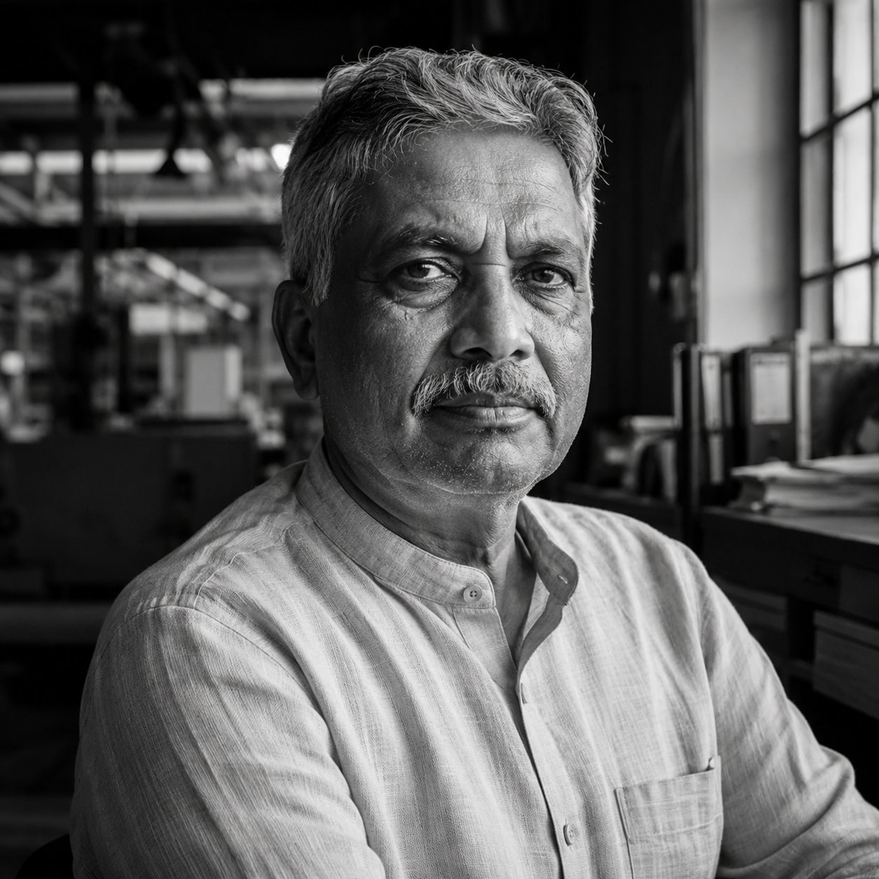 Editorial portrait of Indian male business owner in his 50s, considered expression, office environment