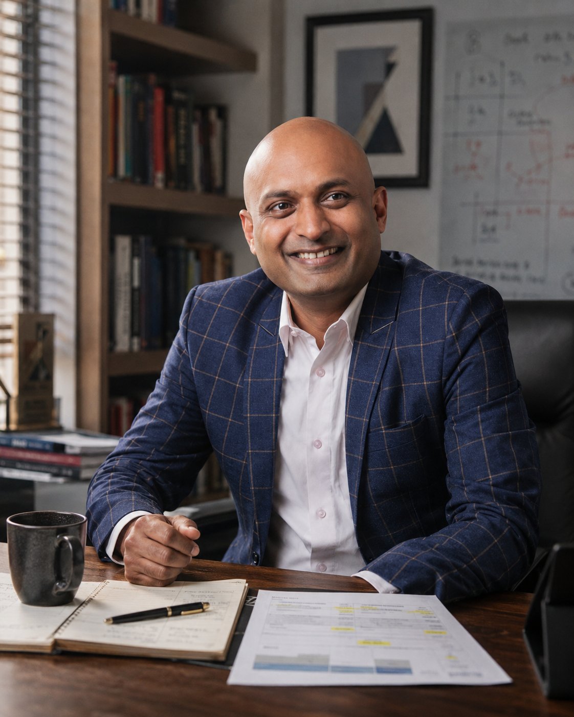 Editorial three-quarter portrait of Amit Gupta, founder, in natural side-window light, mid-thought expression