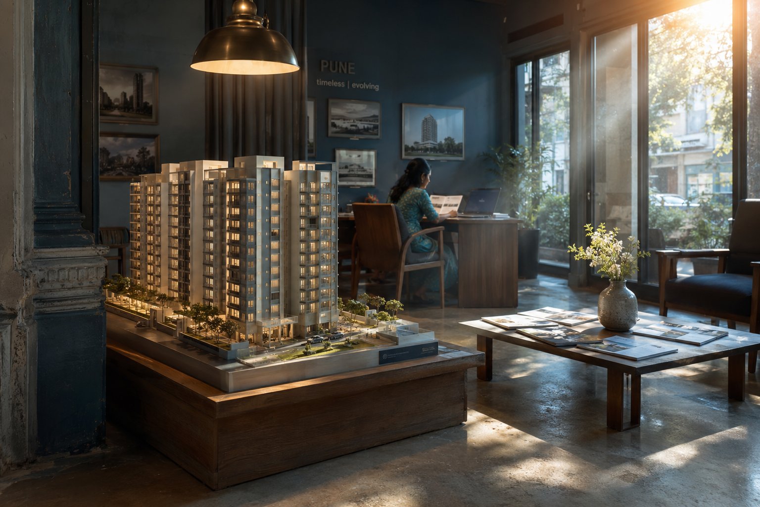 Real estate sales floor with model home unit and natural overhead light, environmental wide shot