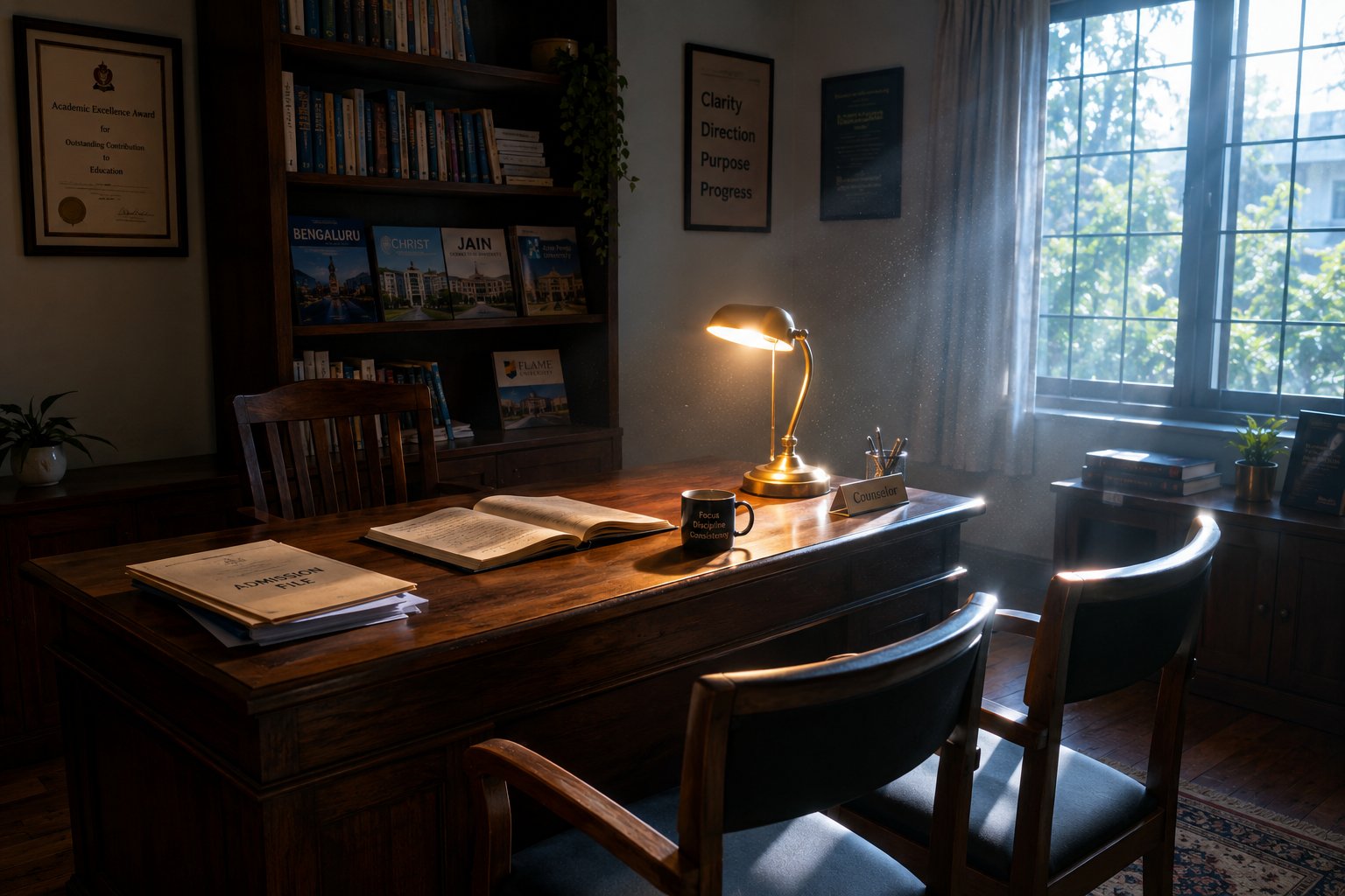 Empty educational counselling room with desk, chairs, and natural window light from corner angle