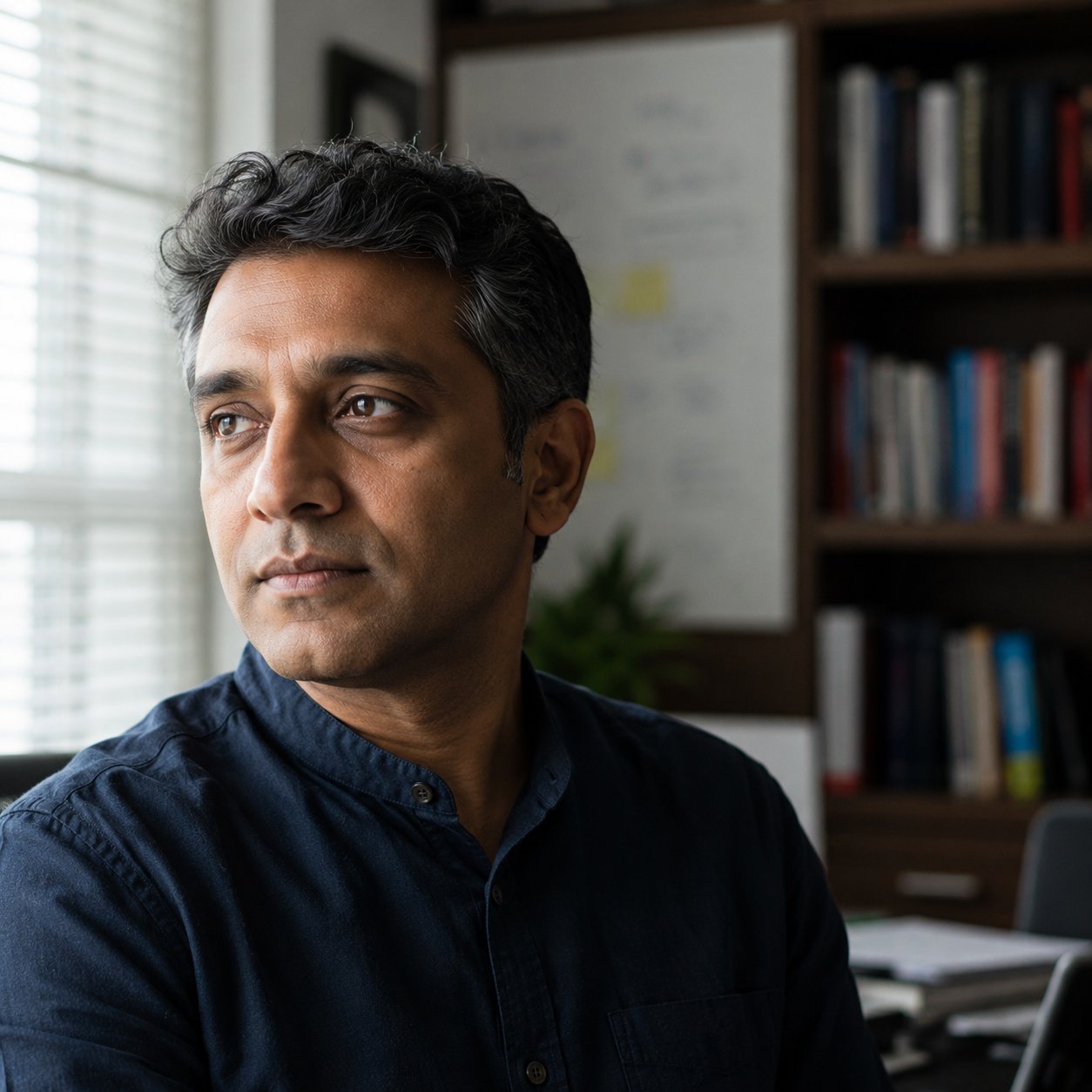 Editorial portrait of Indian male founder in his 40s, three-quarter framing, natural office lighting