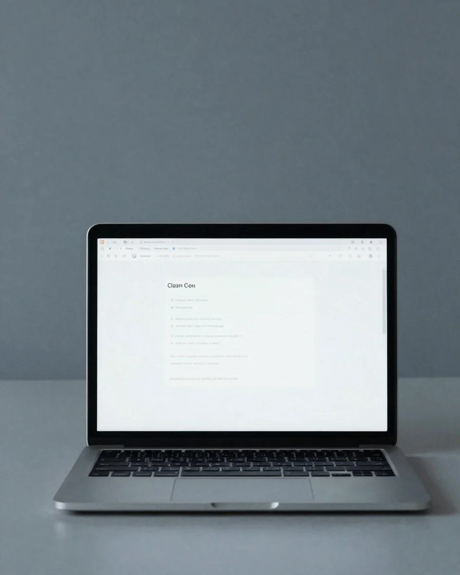 Clean editorial technology photography of a laptop on a neutral d